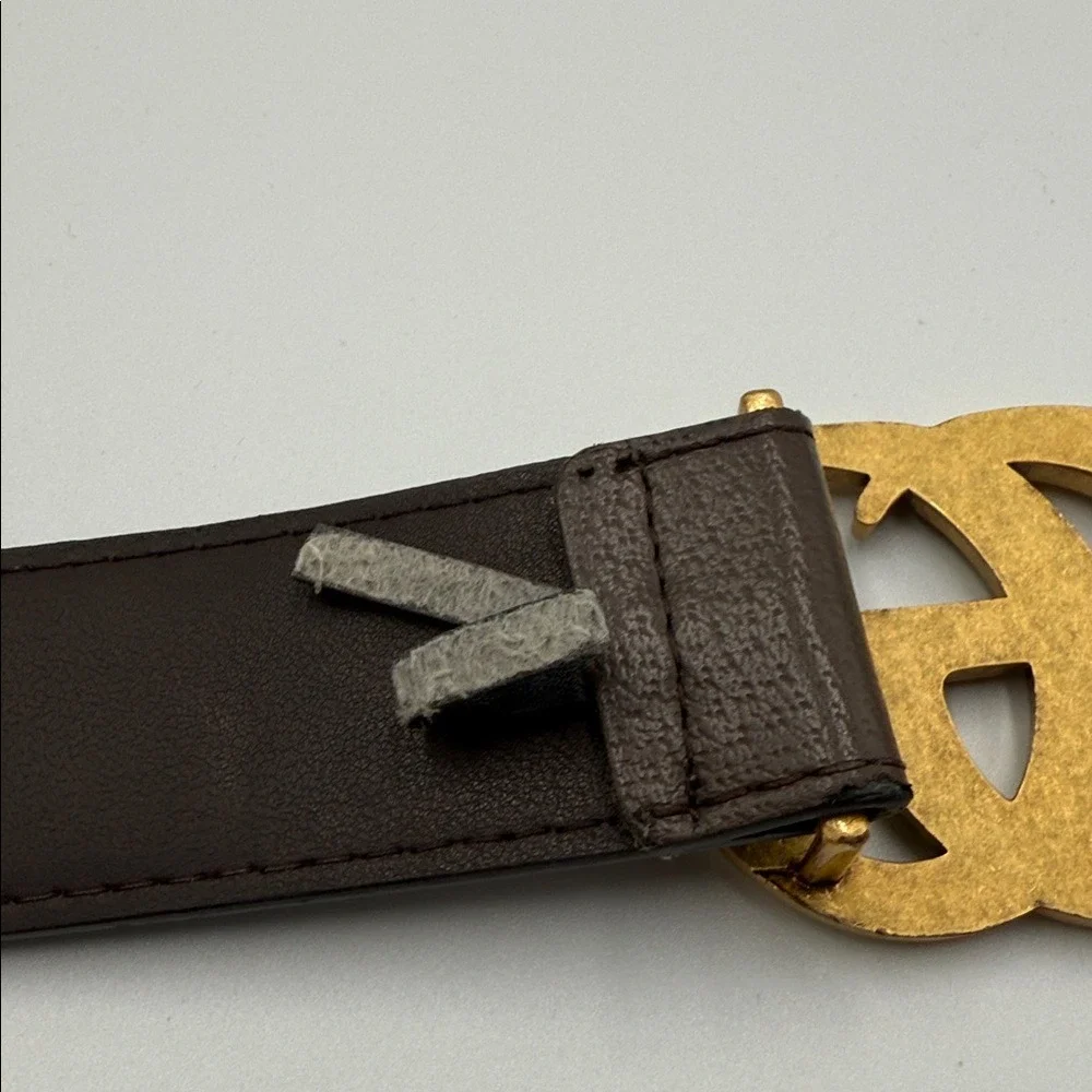 Gucci GG Marmont Belt Beige Canvas Brown Leather Gold GG Buckle Women's SZ 80CM‎